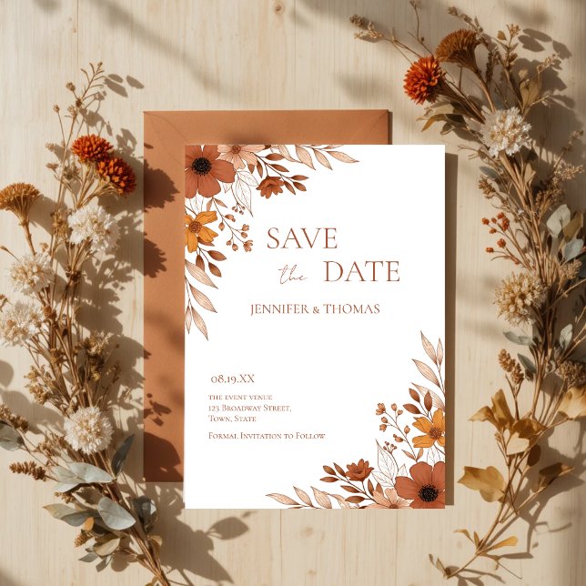 Save The Date Élégant Mariage Floral à la Main en Terracotta (Elegant Terracotta Floral Hand-Drawn Save the Date)