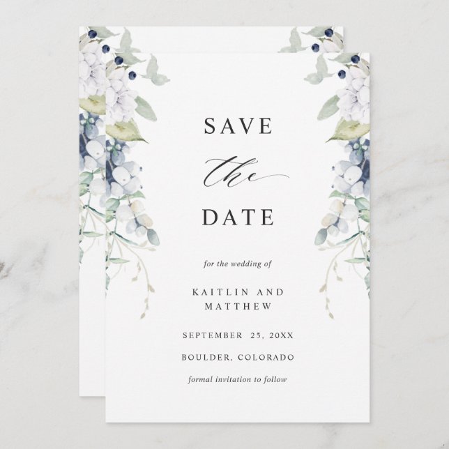 Save The Date Élégant Mariage floral blanc et bleu (Devant / Derrière)