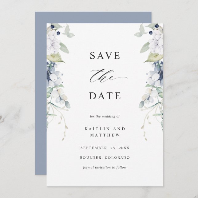 Save The Date Elégant Mariage floral bleu et blanc Dusty (Devant / Derrière)