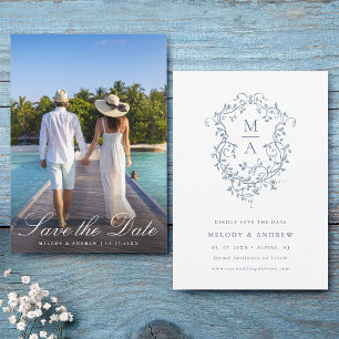 Save The Date Élégant Mariage Floral Bleu Français Photo