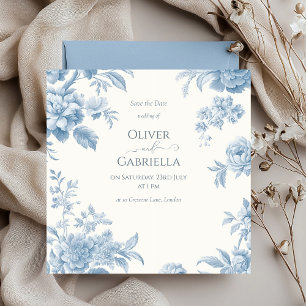 Save The Date Élégant Mariage Floral bleu toile française