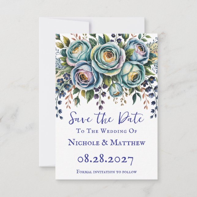 Save The Date Élégant Mariage Floral bleu turquoise (Devant)