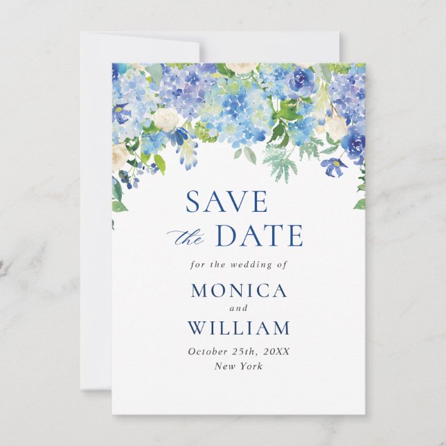 Save The Date Élégant Mariage floral Blue Hydrangea (Devant)
