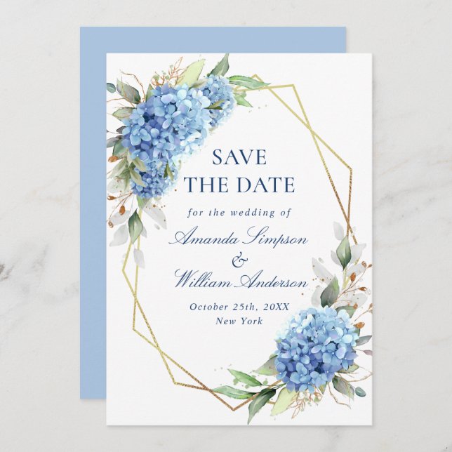 Save The Date Élégant Mariage floral Blue Hydrangea (Devant / Derrière)