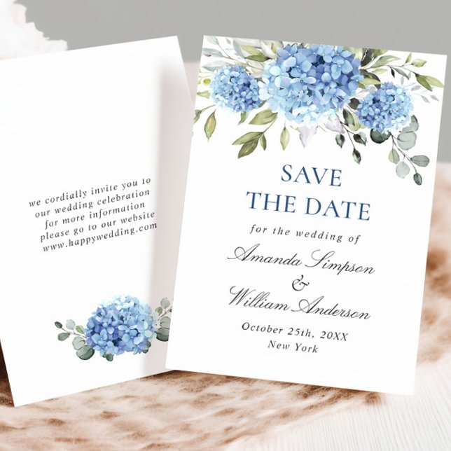 Save The Date Élégant Mariage floral Blue Hydrangea (Créateur téléchargé)