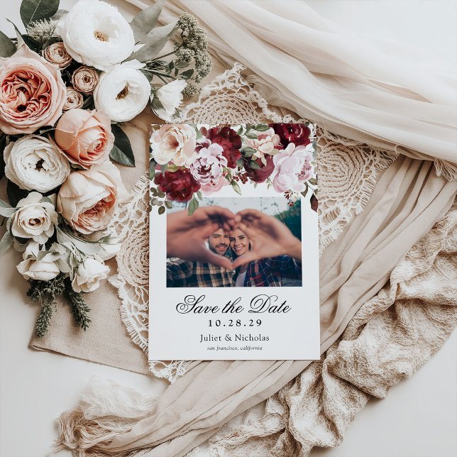 Save The Date Elégant Mariage floral Bourgogne et bleu (Créateur téléchargé)