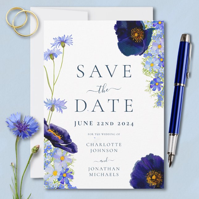 Save The Date Élégant Mariage Floral d'été (Elegant blue floral wedding save the date invitation with stylish typography )