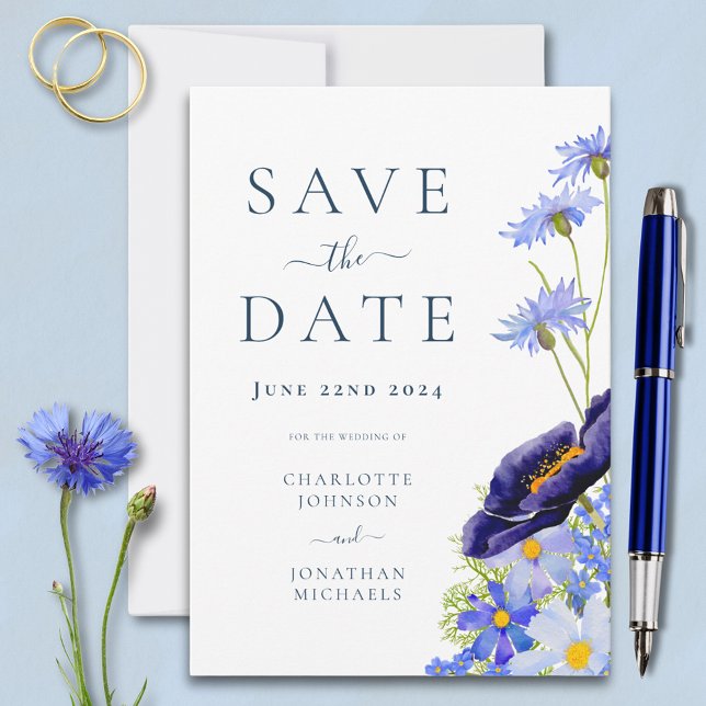 Save The Date Élégant Mariage Floral d'été (Modern wildflower blue wedding save the date invitation with elegant typography script )