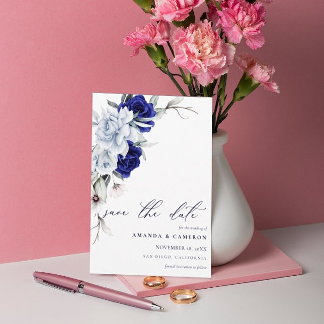 Save The Date Elégant Mariage floral Dusty Blue Navy (Créateur téléchargé)