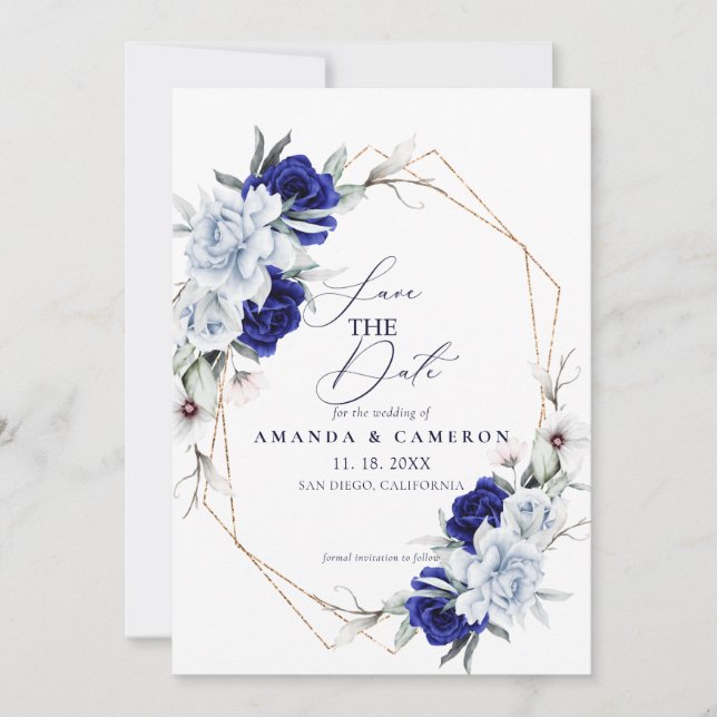 Save The Date Elégant Mariage floral Dusty Blue Navy (Devant)