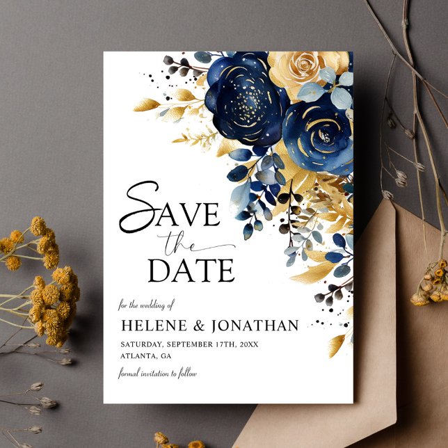 Save The Date Élégant Mariage Floral en terre cuite bleu marine (Elegant Navy Blue Terracotta Gold Floral Wedding Save The Date)