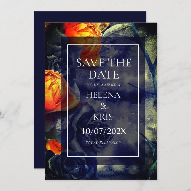 Save The Date Élégant Mariage floral foncé (Devant / Derrière)