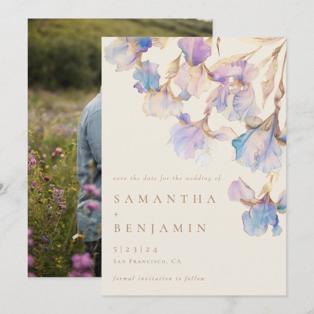 Save The Date Elégant Mariage Floral Iris (Devant / Derrière)
