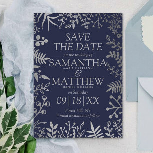 Save The Date Elégant Mariage floral marine et argent