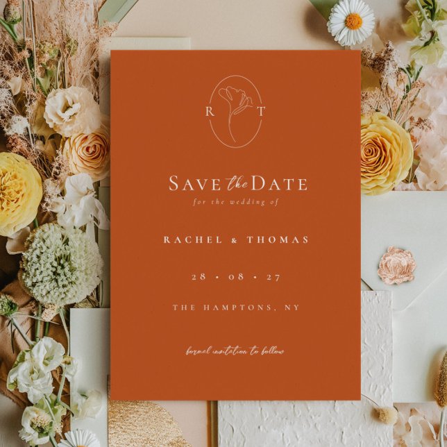 Save The Date Élégant Mariage Floral Monogram Terracotta (Créateur téléchargé)