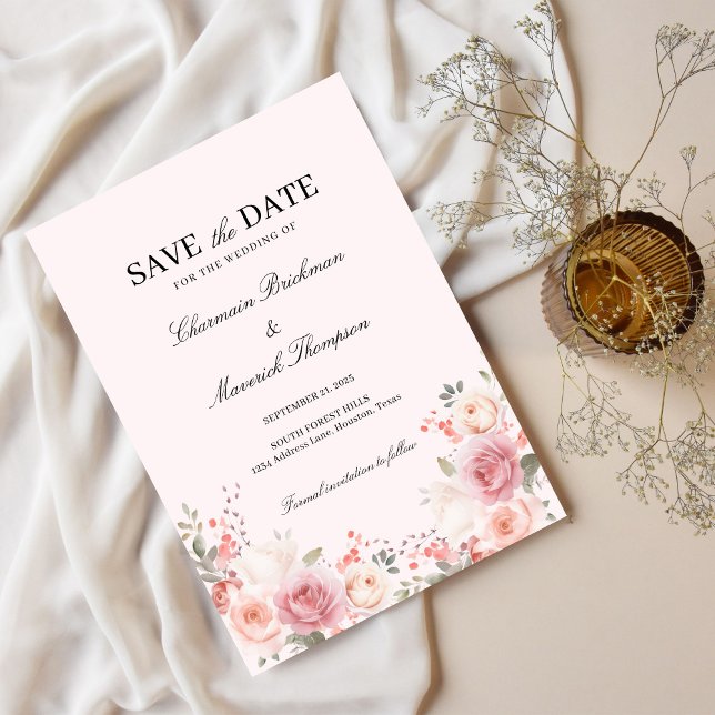 Save The Date Élégant Mariage floral rose (Créateur téléchargé)