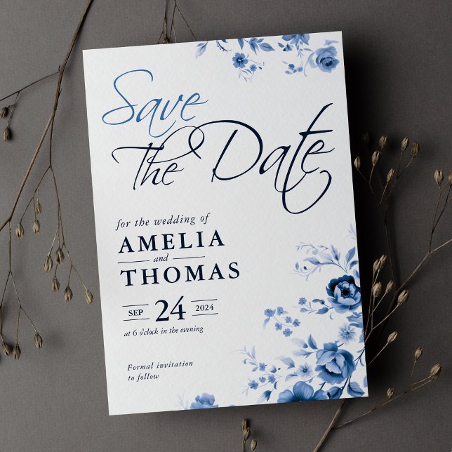 Save The Date Élégant Mariage Floral Toile Bleu Français Script (Créateur téléchargé)