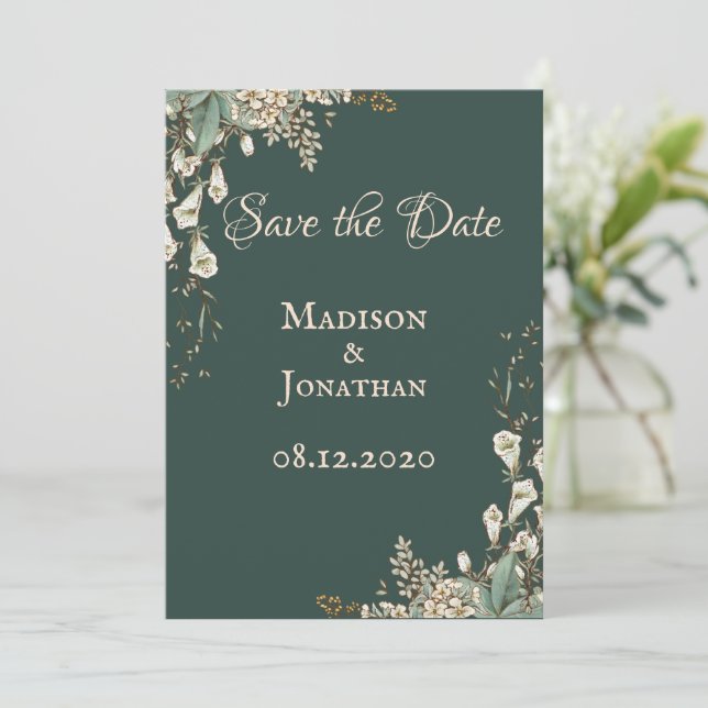 Save The Date Élégant mariage floral vert écriture (Debout devant)