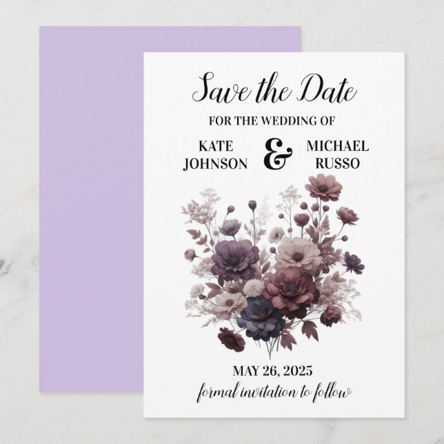 Save The Date Élégant Mariage floral violet (Devant / Derrière)
