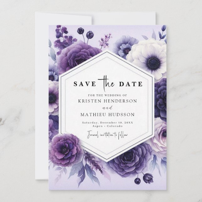 Save The Date Élégant Mariage Floral violet de champ (Devant)