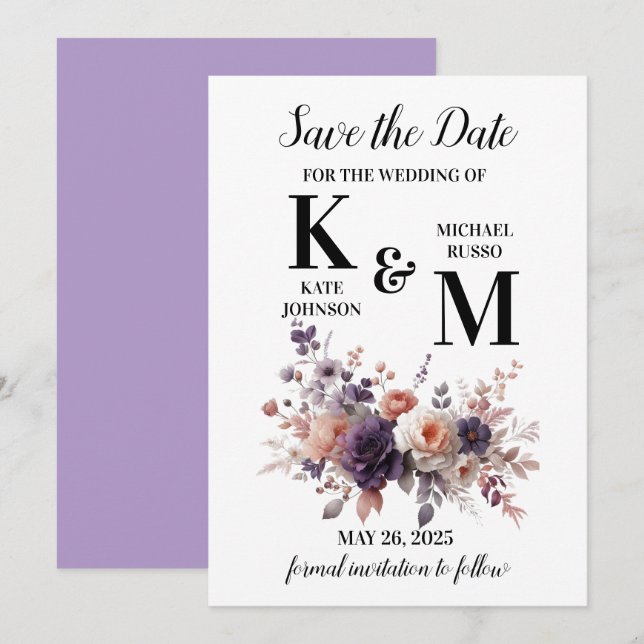 Save The Date Élégant Mariage floral violet et brun (Devant / Derrière)