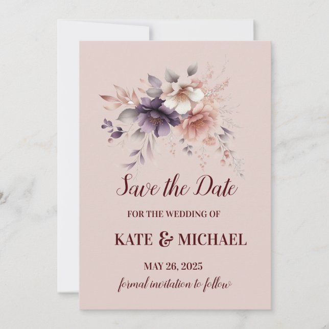 Save The Date Élégant Mariage floral violet et brun (Devant)