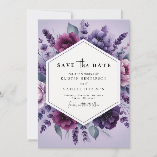 Save The Date Élégant Mariage floral violet numérique (Devant)