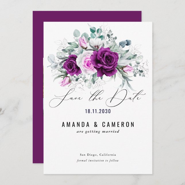 Save The Date Élégant Mariage floral violet rustique (Devant / Derrière)