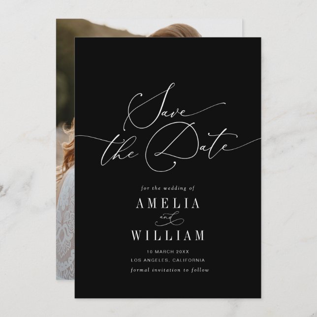 Save The Date élégant mariage formel noir et blanc (Devant / Derrière)