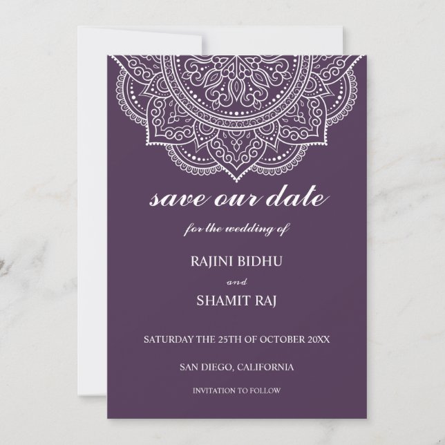 Save The Date Élégant Mariage hindou indien Eggplant Paisley (Devant)
