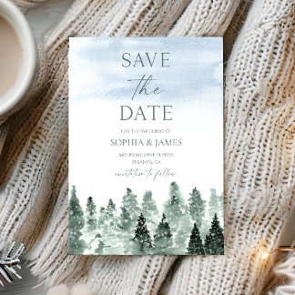 Save The Date Élégant Mariage Hiver Neige Pins Verts