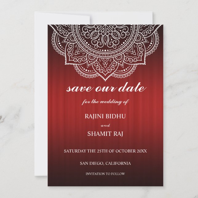 Save The Date Élégant Mariage indien hindou de la Paisley rouge  (Devant)
