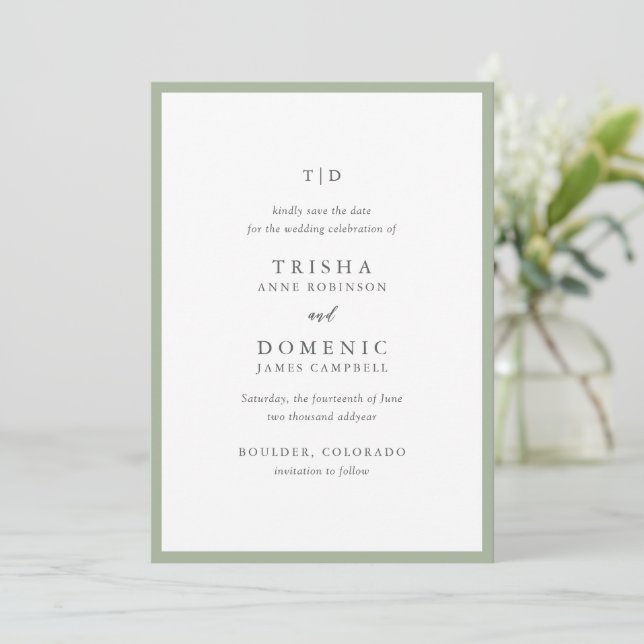Save The Date Élégant Mariage Moderne au Monogramme Vert Sauge (Debout devant)