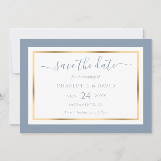 Save The Date Élégant Mariage moderne Dusty bleu et or (Devant)