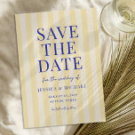 Save The Date Élégant Mariage Moderne Rayé Bleu Jaune<br><div class="desc">Créez vos propres cartes de mariage personnalisées avec une typographie moderne en bleu sur un fond à motif rayé jaune.</div>