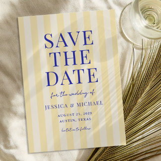 Save The Date Élégant Mariage Moderne Rayé Bleu Jaune