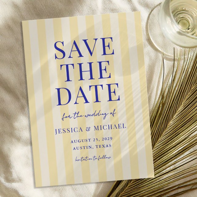 Save The Date Élégant Mariage Moderne Rayé Bleu Jaune (Créateur téléchargé)