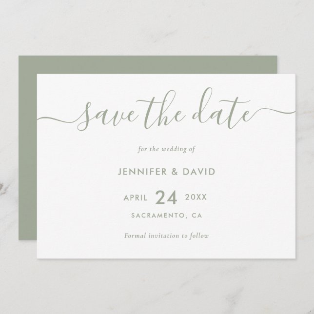 Save The Date Élégant Mariage moderne Sage de Script Vert (Devant / Derrière)