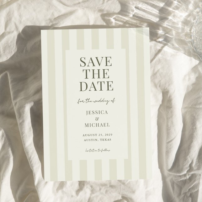 Save The Date Élégant Mariage moderne vert olive rayé (Créateur téléchargé)