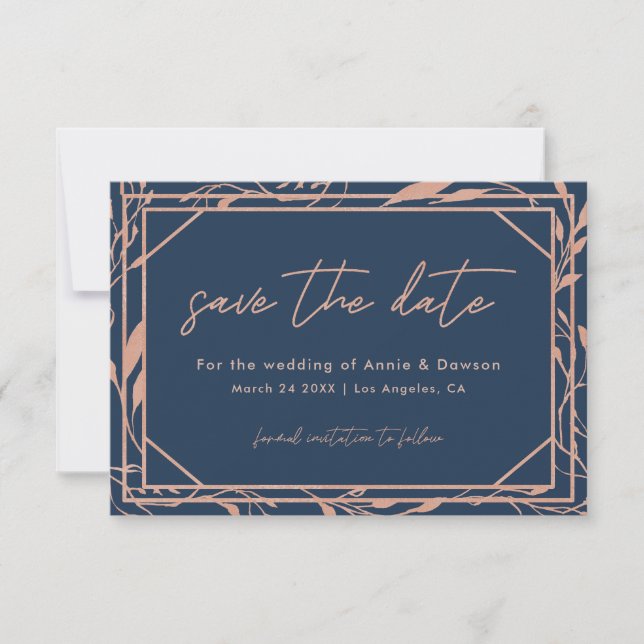 Save The Date Élégant mariage Navy & Rose Gold (Devant)