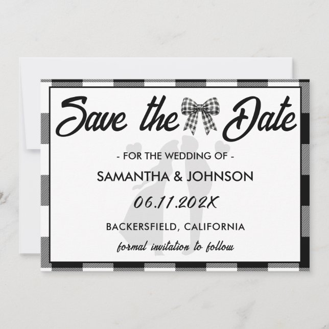 Save The Date Élégant Mariage Noir & Blanc Ruban Gingham (Devant)