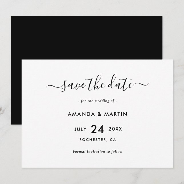 Save The Date Élégant Mariage noir et blanc (Devant / Derrière)