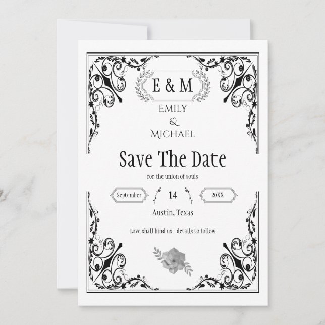 Save The Date Élégant Mariage noir et blanc gothique (Devant)