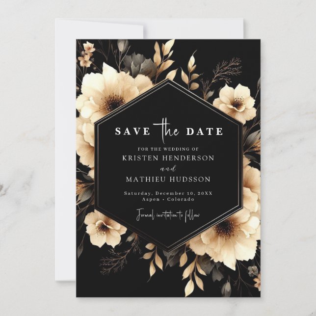 Save The Date Élégant Mariage noir et or (Devant)