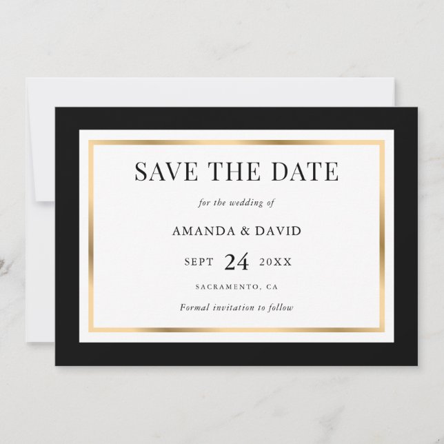Save The Date Élégant Mariage noir et or (Devant)