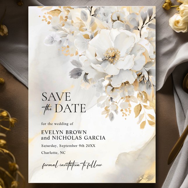 Save The Date Élégant Mariage noir gris gris-or de pivoine de fl (Elegant Flower Peony Gold Grey Black Wedding Save The Date)