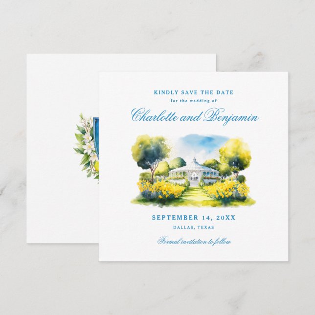 Save The Date Élégant Mariage officiel Blue Monogram Crest Perso (Devant / Derrière)