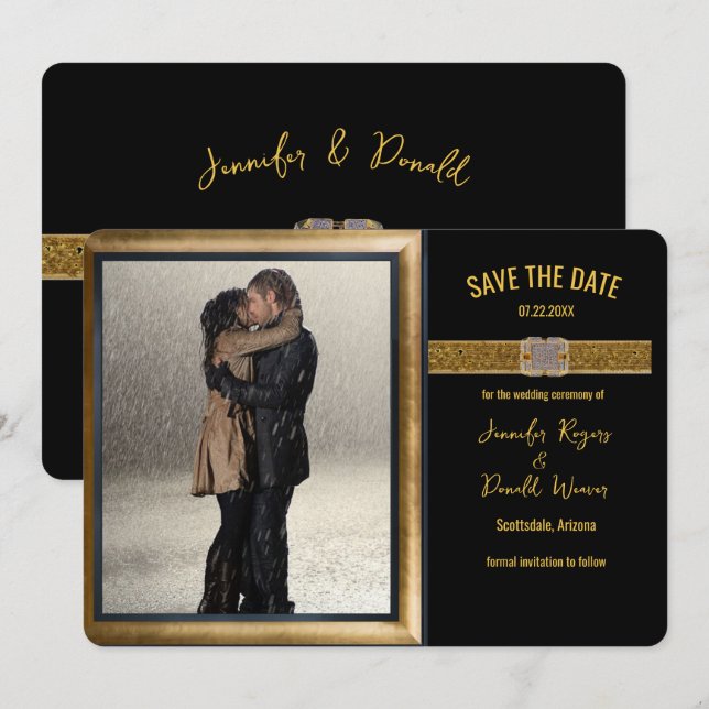 Save The Date Élégant Mariage Paillettes Or Noir  (Devant / Derrière)