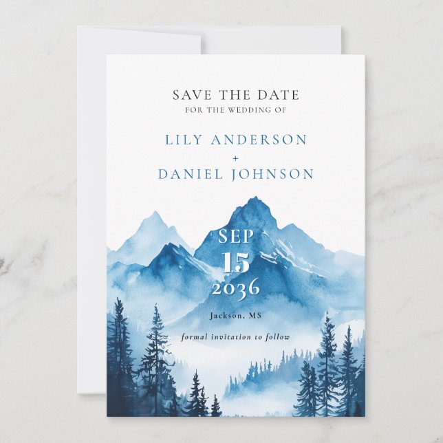 Save The Date Elégant Mariage photo Blue Watercolor Mountain (Devant)