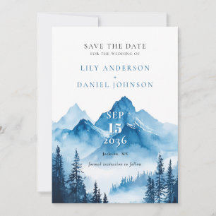 Save The Date Elégant Mariage photo Blue Watercolor Mountain